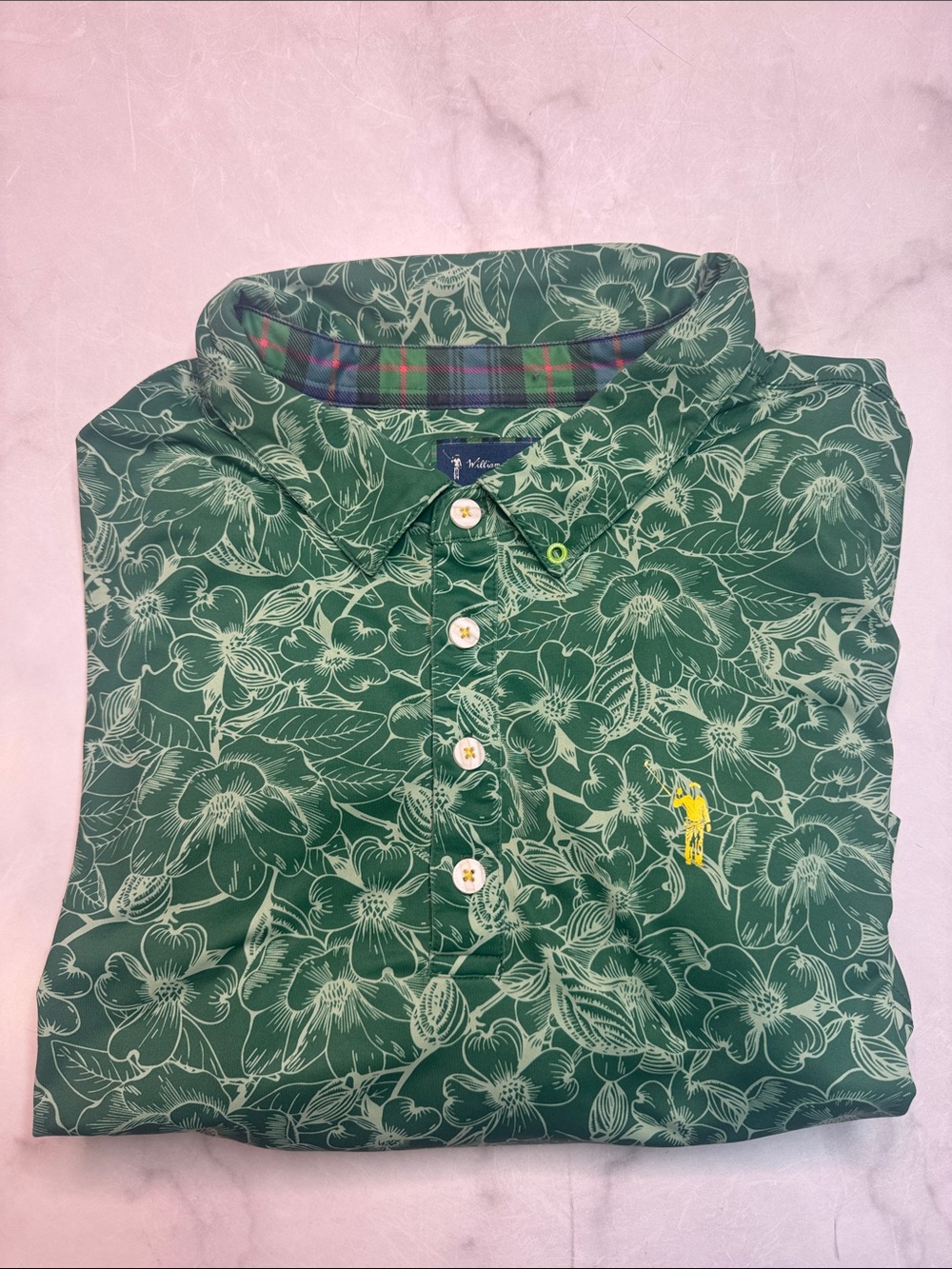 William Murray Polo Shirt Green Floral AOP Performance Hawaiian Aloha Golf